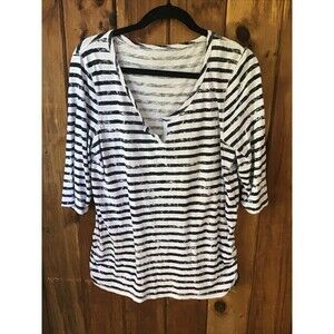Calvin Klein Jeans Blouse Size L Black White Stripe Short Sleeve Scrunched Side